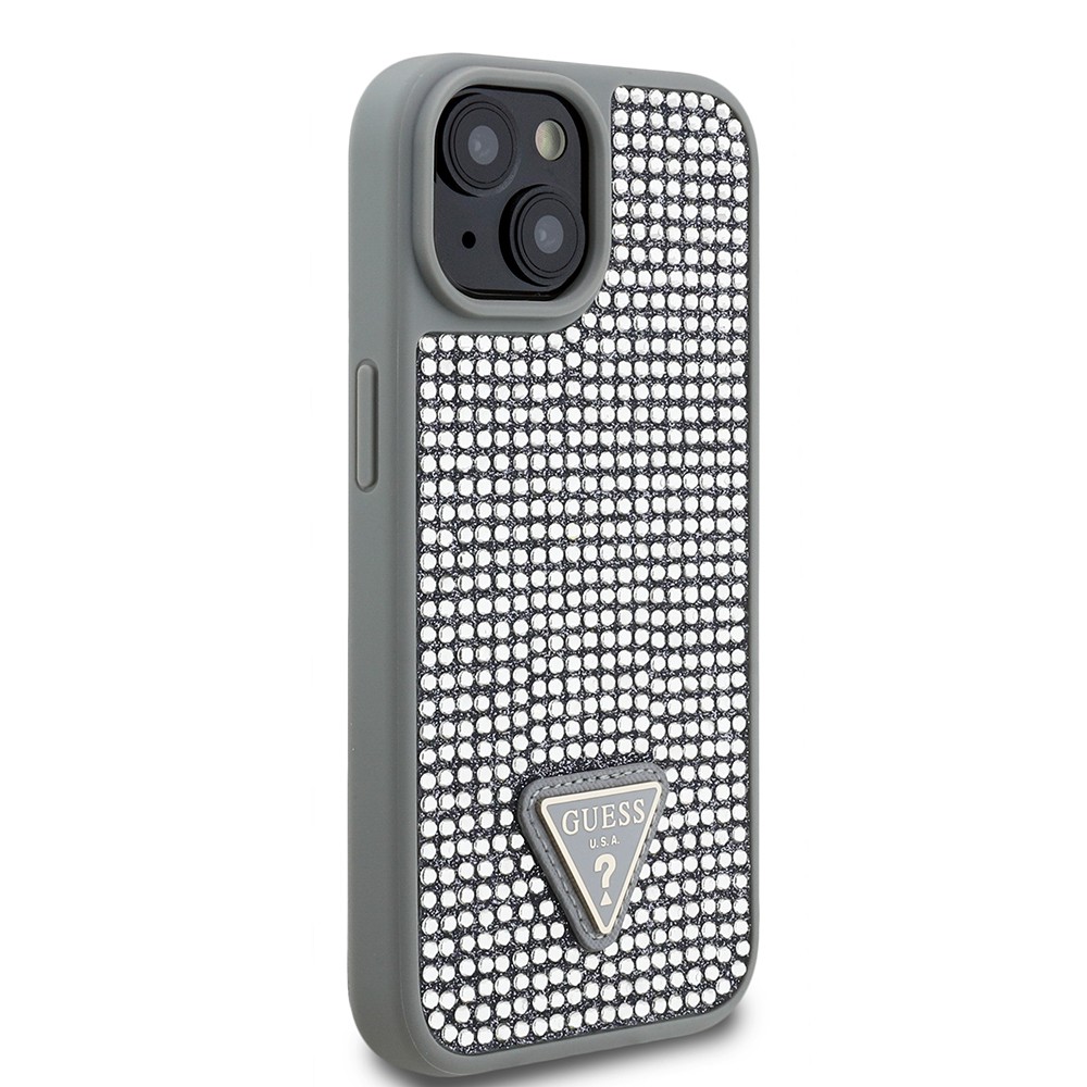 Apple iPhone 15 Kılıf Guess Orjinal Lisanslı Taşlı Arka Yüzey Üçgen Logolu Kapak