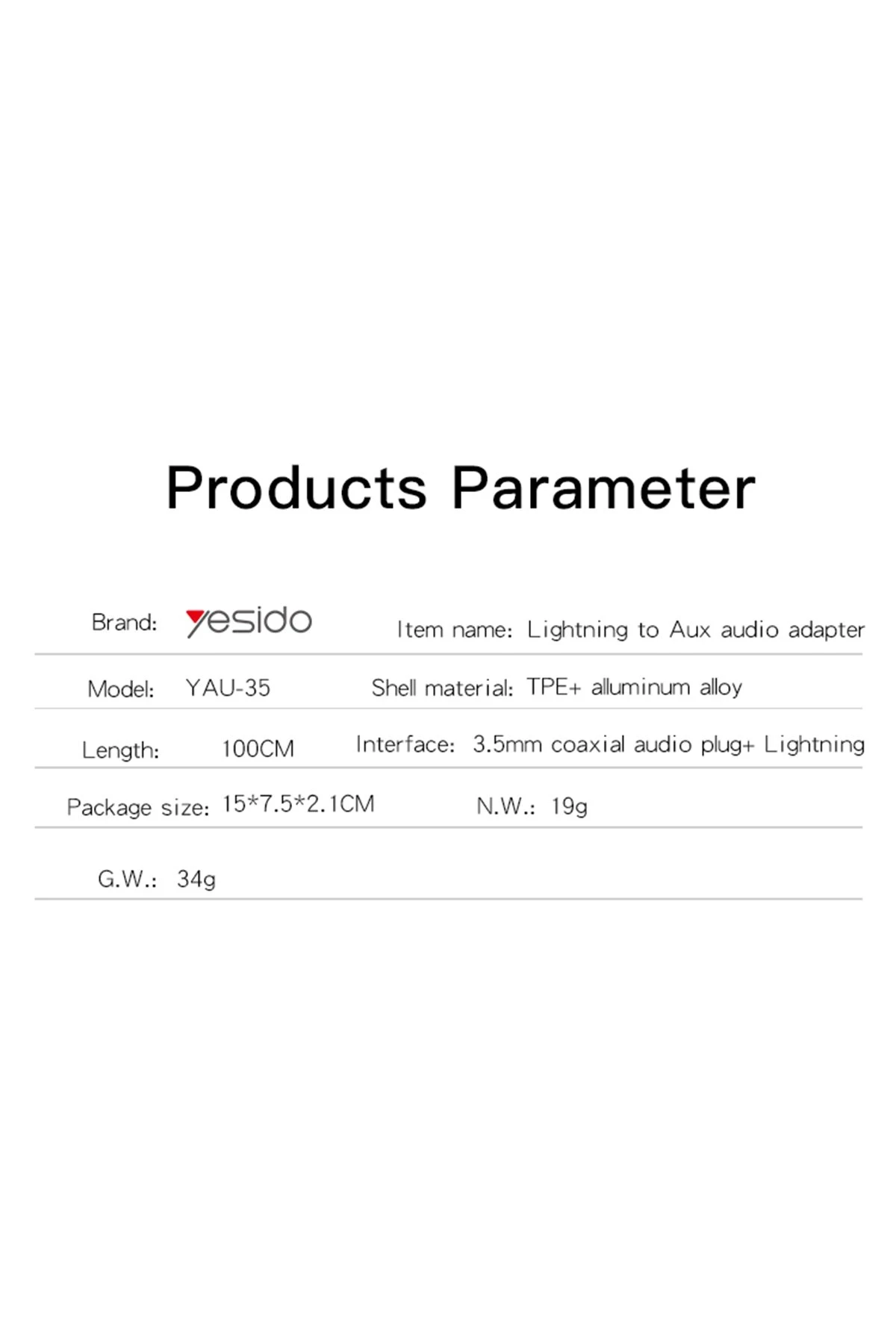 Yesido YAU35 Lightning to Aux Kablo 1M