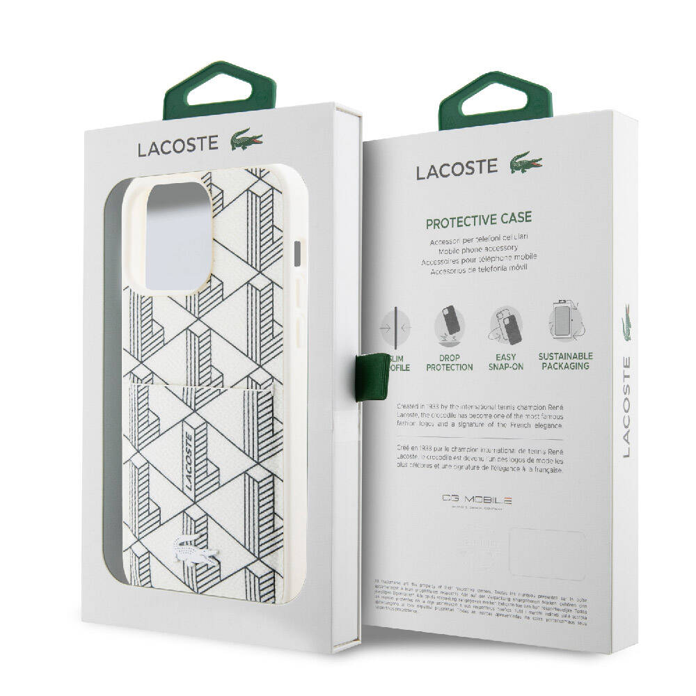 Apple iPhone 15 Pro Max Kılıf Lacoste Orjinal Lisanslı M-safe Şarj Özellikli PU Deri Görünümlü Kartlıklı Karışık Monogram Desenli Kapak