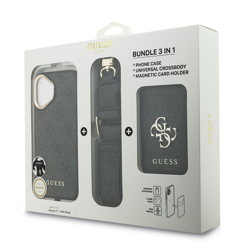 Apple iPhone 17 Kılıf Guess Orjinal Lisanslı M-safe Şarj Özellikli Askılı ve 4G Logo Kartlıklı Kapak
