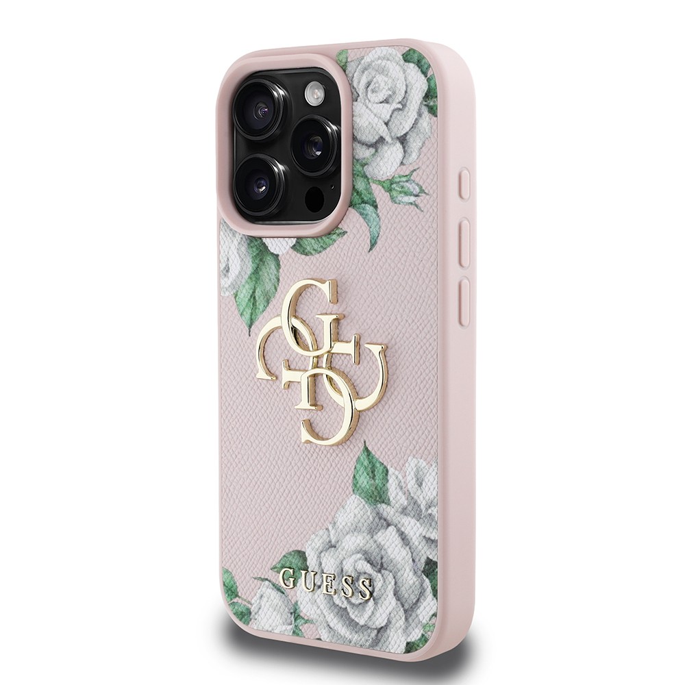 Apple iPhone 15 Pro Max Kılıf Guess Orjinal Lisanslı Gül Baskılı Büyük Metal Logo Dizaynlı Kapak