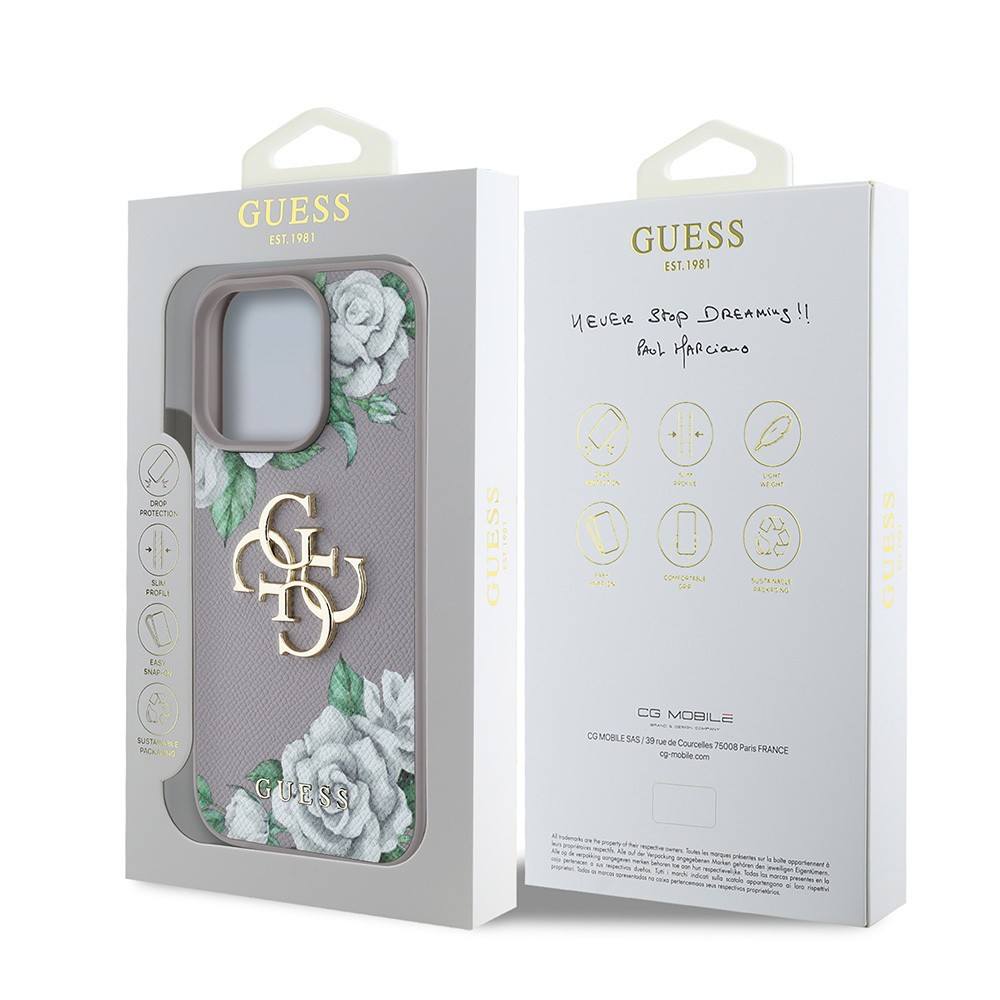 Apple iPhone 15 Pro Max Kılıf Guess Orjinal Lisanslı Gül Baskılı Büyük Metal Logo Dizaynlı Kapak