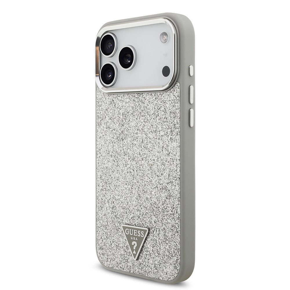 Apple iPhone 17 Pro Max Kılıf Guess Orjinal Lisanslı M-safe Şarj Özellikli Metal Kamera Çerçeveli Üçgen Logolu Glitter Kapak