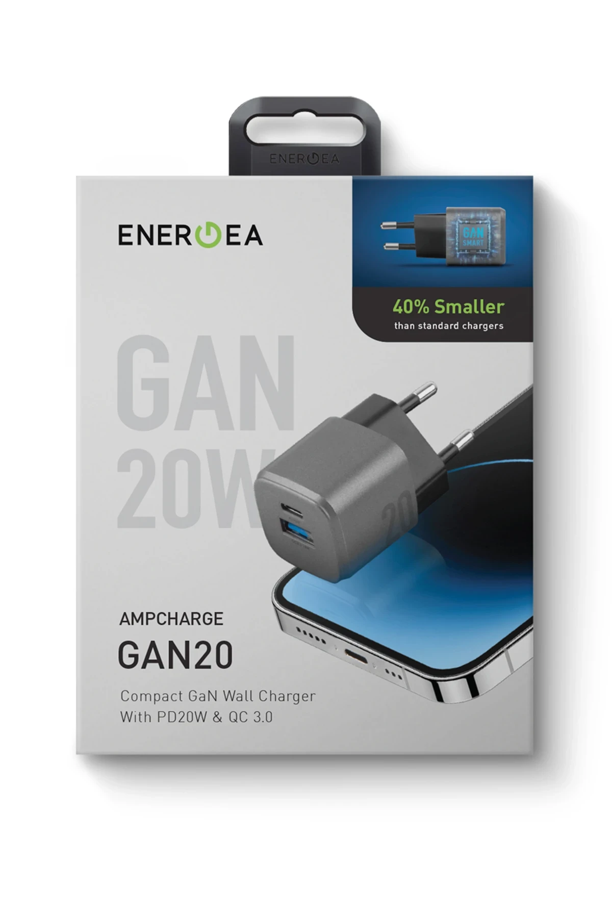 Energea AmpCharge GaN20 20W Type-C ve 18W USB 3.0 Çıkışlı Hızlı Şarj Aleti