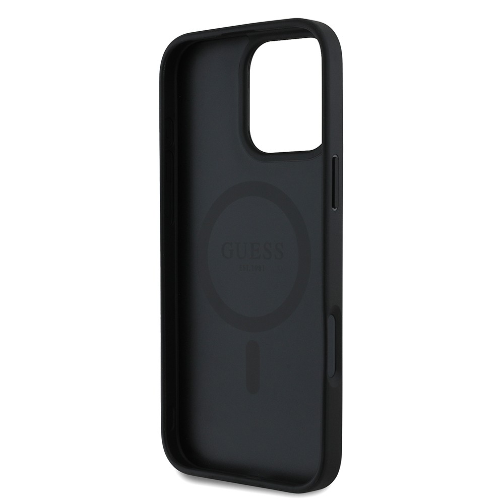 Apple iPhone 16 Pro Kılıf Guess Orjinal Lisanslı M-safe Şarj Özellikli Taneli Çiçek Tasarımlı Metal Yazı Logolu Kapak