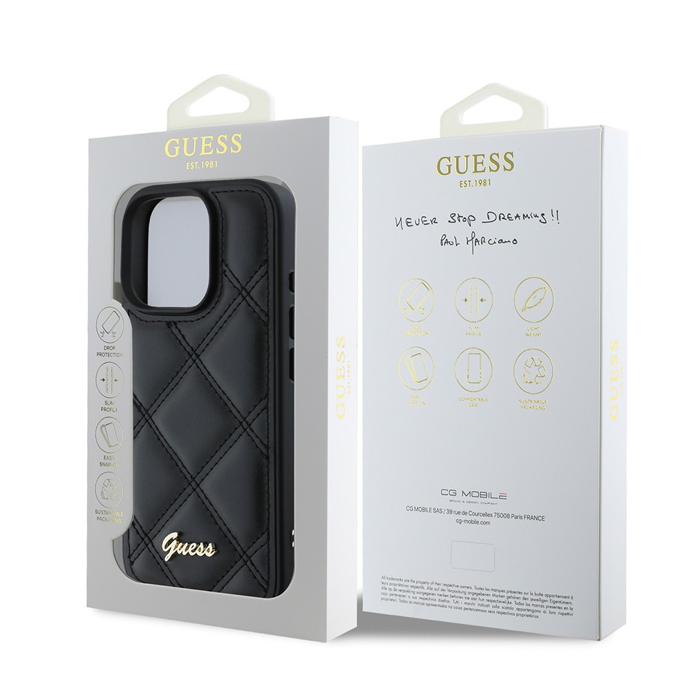 Apple iPhone 16 Pro Max Kılıf Guess Orjinal Lisanslı PU Deri Metal Yazı Logolu Kapitone Kapak