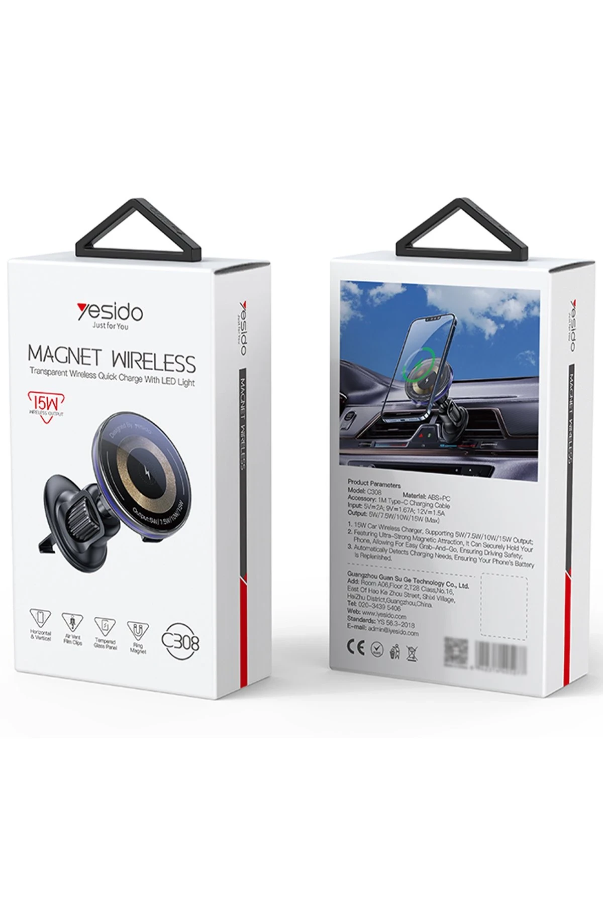 Yesido C308 Izgara Klipsli Cam Yüzeyli 15W Kablosuz Şarjlı Magsafe Araç Tutucu