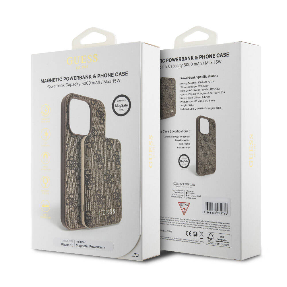 Apple iPhone 15 Kılıf Guess Orjinal Lisanslı M-safe Şarj Özellikli Yazı Logolu 4G Desenli Kapak + Powerbank 5000mAh 2in1 Set