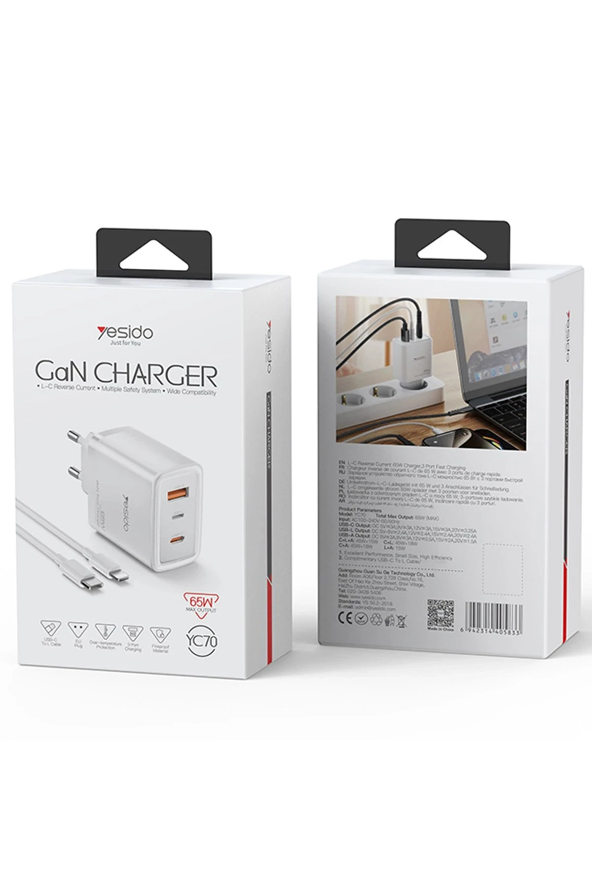 Yesido YC70 1 Adet 65W Type-C / 1 Adet 30W USB ve 1 Adet 45W Lightning Çıkışlı Ekstra 2M Type-C to Ligtning Kablolu GAN Hızlı Şarj Cihazı