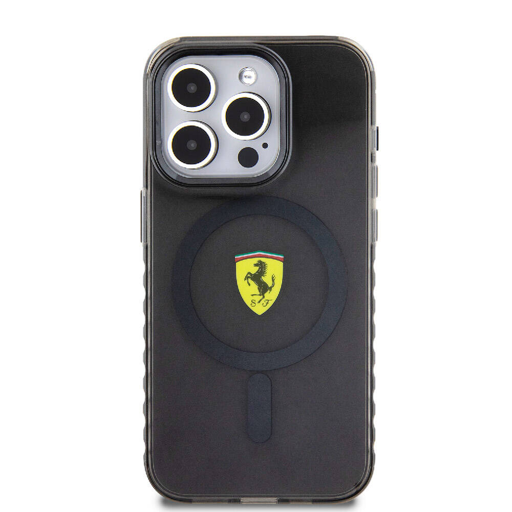 Apple iPhone 15 Pro Max Kılıf Ferrari Orjinal Lisanslı M-safe Şarj Özellikli Tırtıklı Kenar Tasarımlı Ortalanmış Logo Kapak