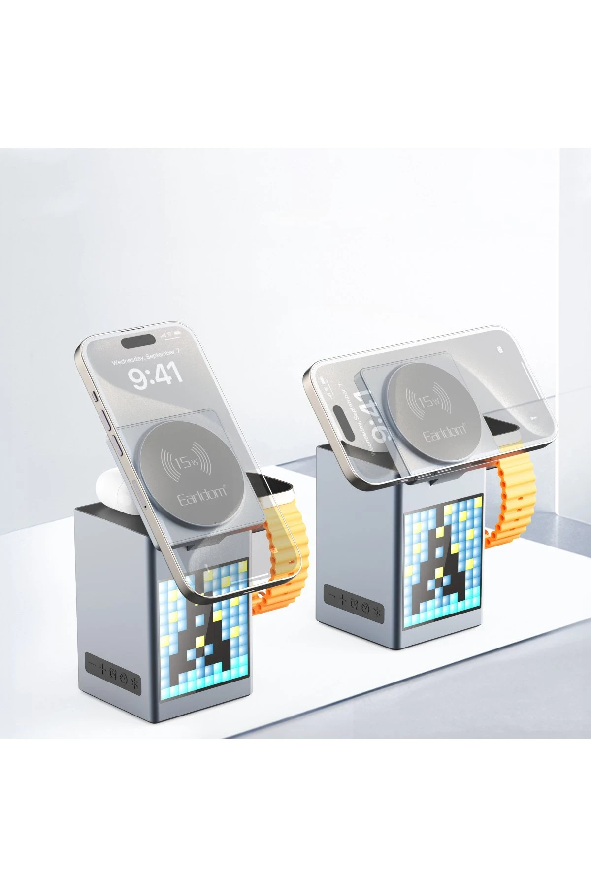 Earldom WC64 5in1 Dijital Saat Göstergeli 15W Telefon 2.5W Saat ve 5W Airpods İçin Kablosuz Şarj Standı