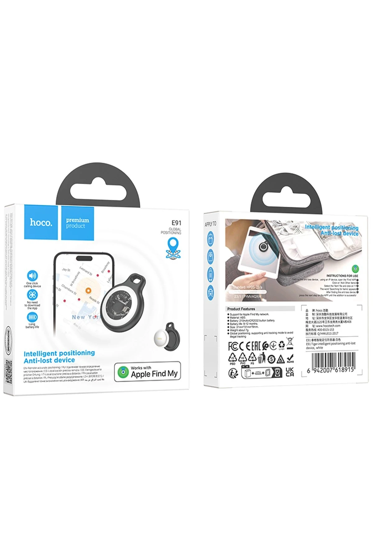 Hoco. E91 Tiger Apple Find My Özellikli Anti-Lost AirTag Takip Cihazı - Beyaz