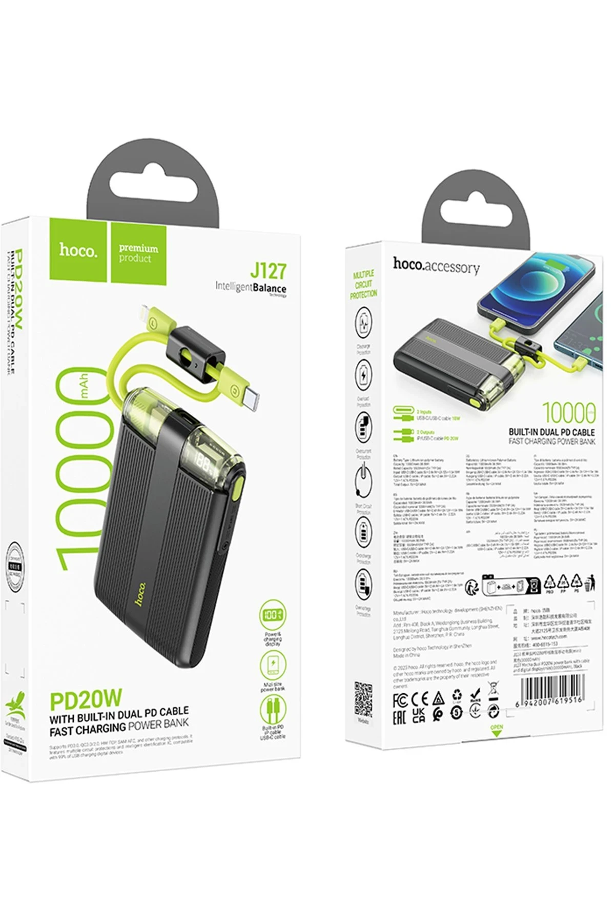 Hoco. J127 Dijital Göstergeli Dual Kablolu 20W 10.000 mAh PD Mini Powerbank