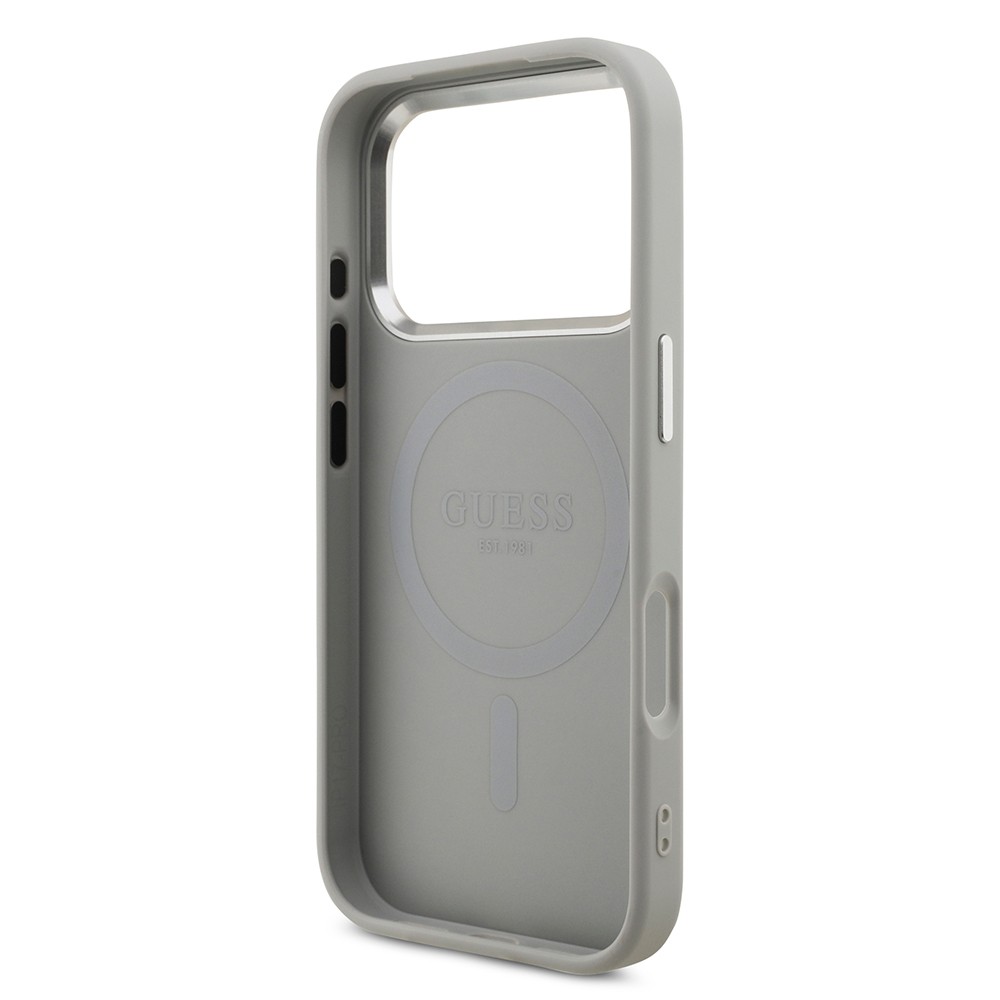 Apple iPhone 17 Pro Kılıf Guess Orjinal Lisanslı M-safe Şarj Özellikli Metal Kamera Çerçeveli Üçgen Logolu Glitter Kapak
