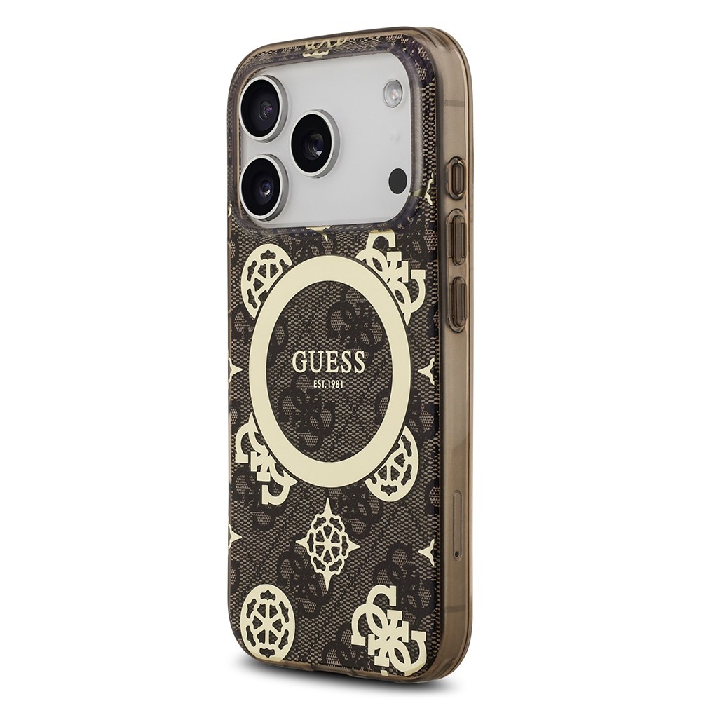 Apple iPhone 17 Pro Kılıf Guess Orjinal Lisanslı M-safe Şarj Özellikli IML Peony ve 4G Desenli Klasik Logolu Kapak