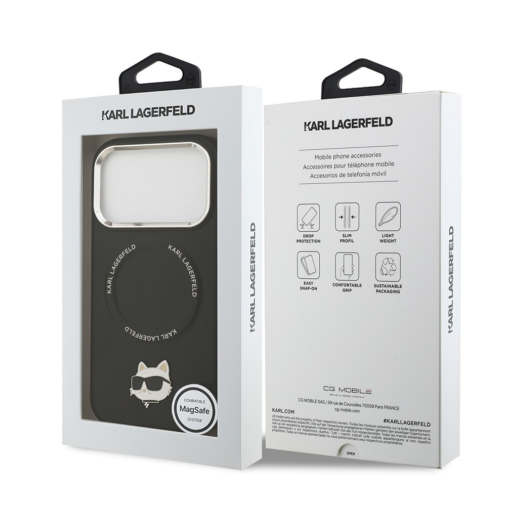 Apple iPhone 17 Pro Max Kılıf Karl Lagerfeld Orjinal Lisanslı M-safe Şarj Özellikli Metal Kamera ve Buton Tasarımlı Choupette PU Deri Kapak