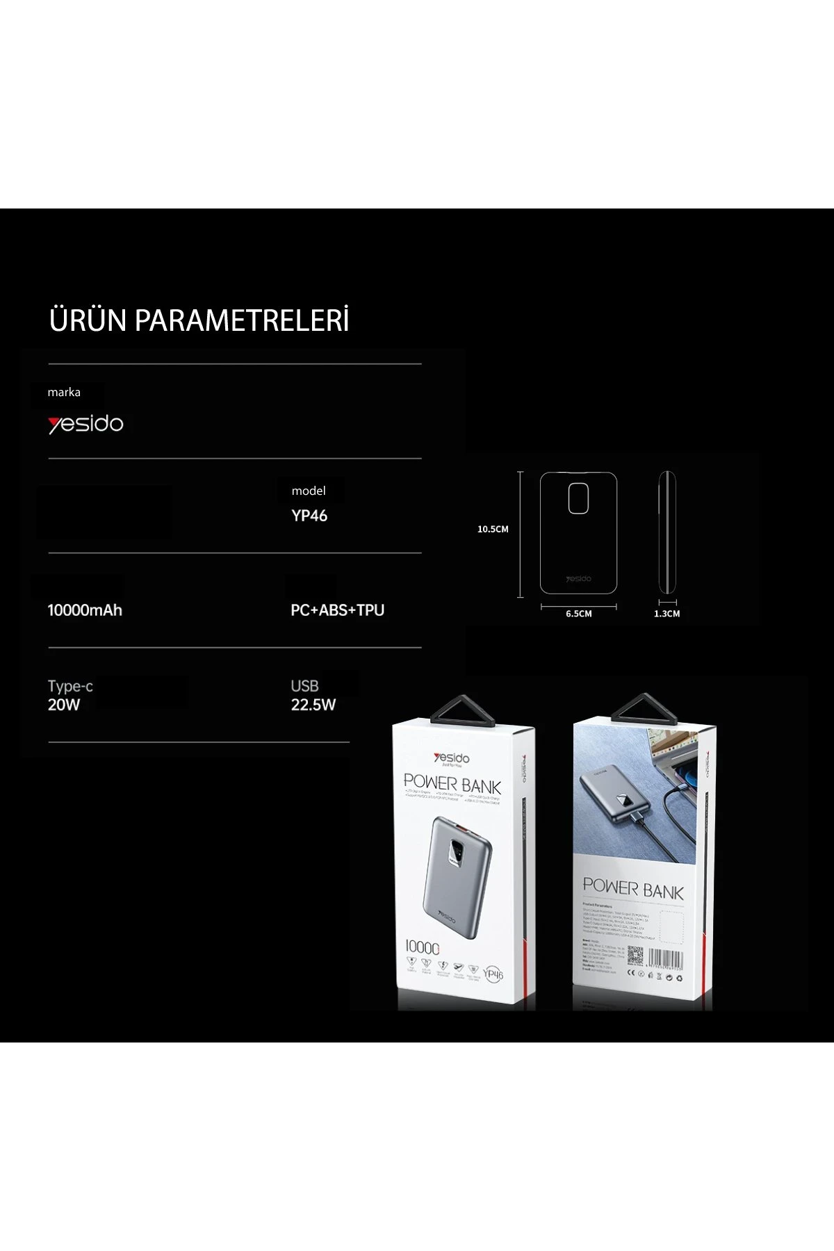 Yesido YP46 10.000 mAh 22.5W Dijital Göstergeli USB3.0 PD Hızlı Şarj Powerbank