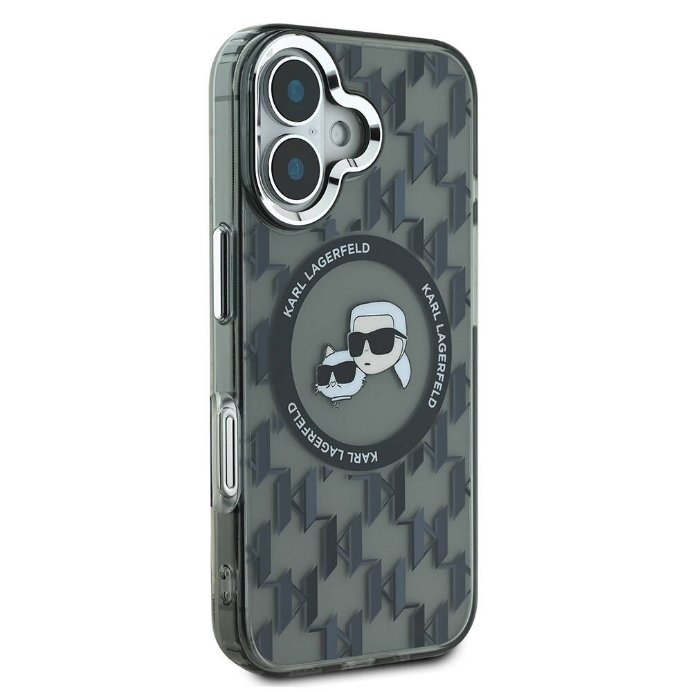 Apple iPhone 16 Kılıf Karl Lagerfeld Orjinal Lisanslı M-safe Şarj Özellikli IML Baskılı Metal Monogram KC Heads Kapak