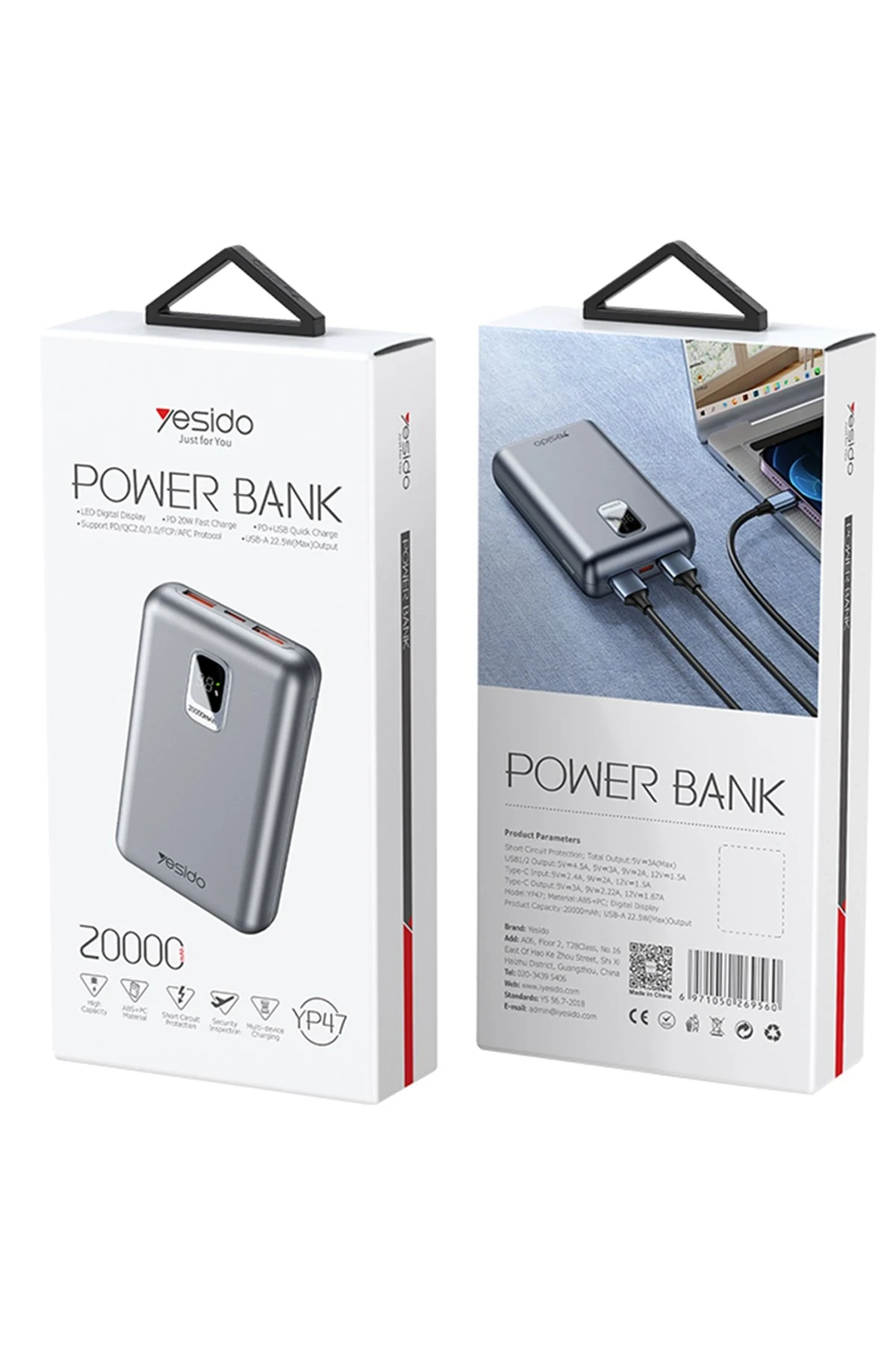 Yesido YP47 20.000 mAh Dijital Göstergeli 22.5W USB3.0 ve 20W Type-C Çıkışlı PD Hızlı Şarj Powerbank