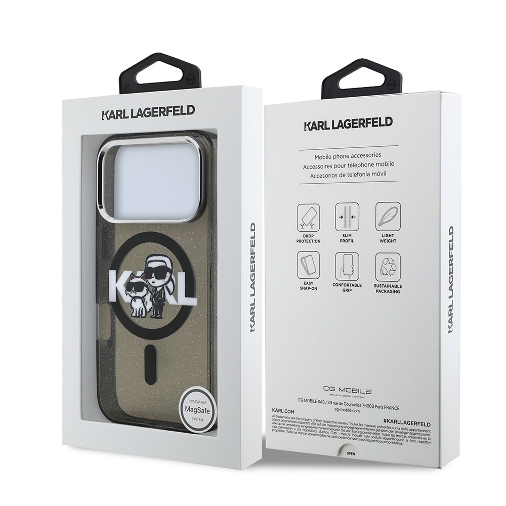 Apple iPhone 17 Pro Kılıf Karl Lagerfeld Orjinal Lisanslı Parlayan Simli Karl & Choupette Sketch Logo Kapak