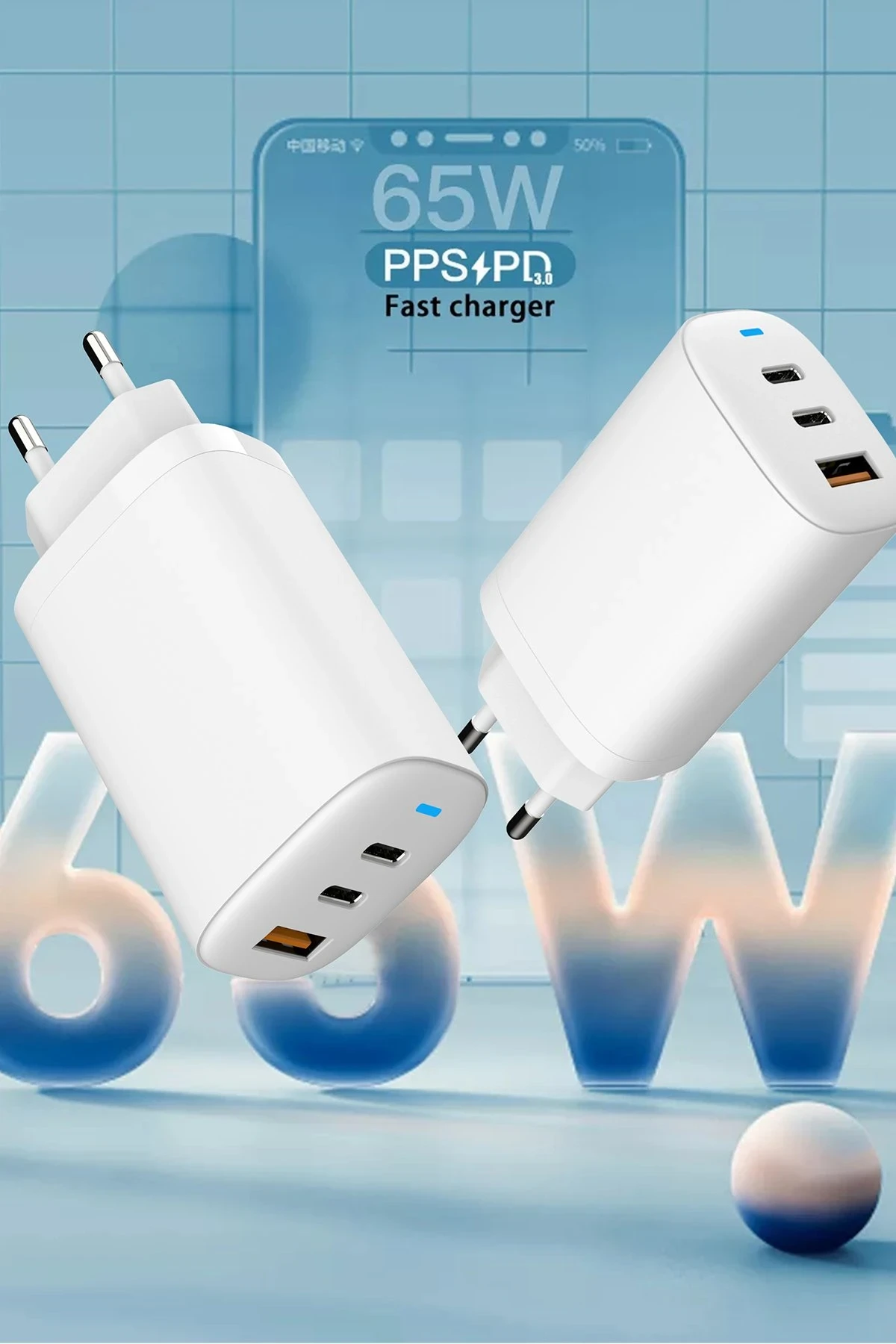 Earldom EU26i 2 Adet 65W Type-C ve 1 Adet 30W USB 3.0 Çıkışlı Ekstra Type-C to Lightning Kablolu GAN Şarj Cihazı