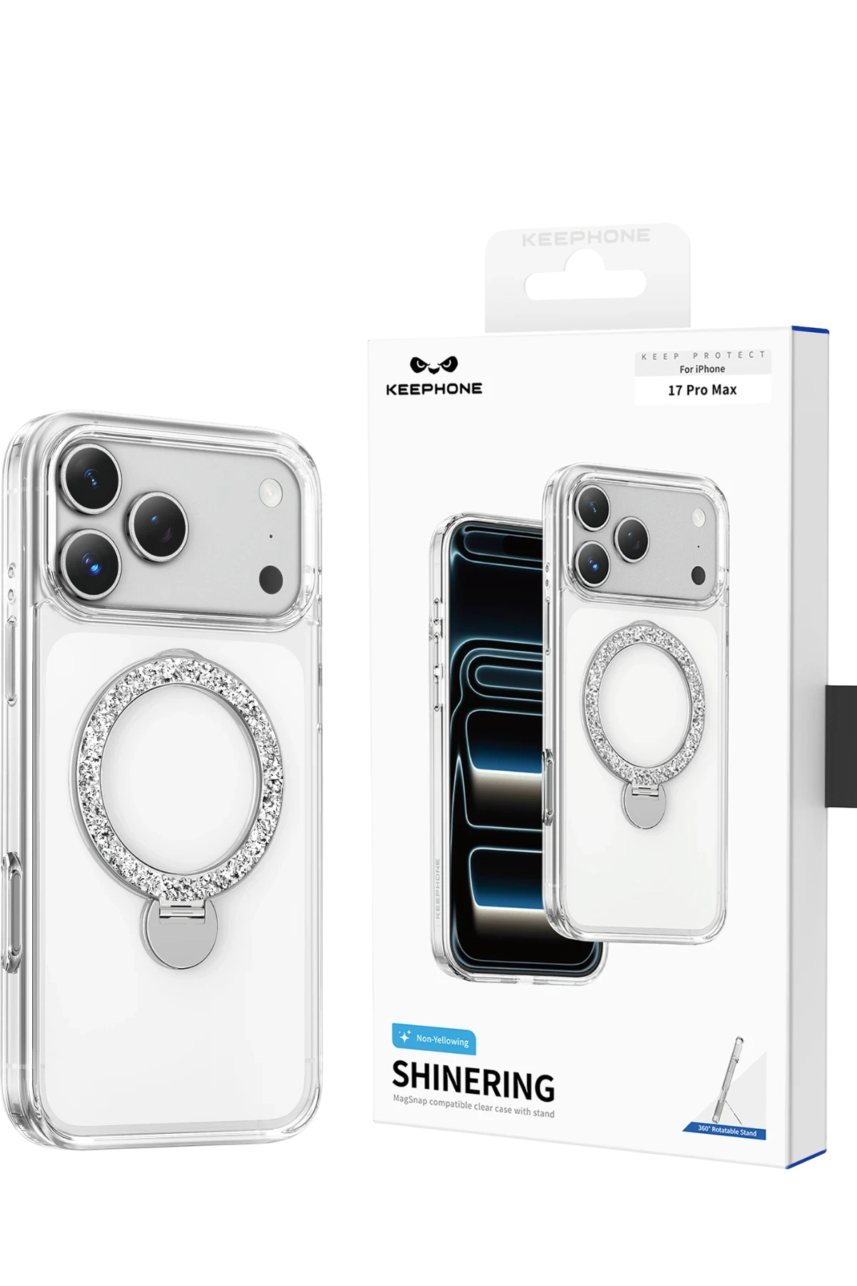 Keephone Apple iPhone 17 Pro Max Crystal Taşlı 360 Magsafe Standlı Kapak