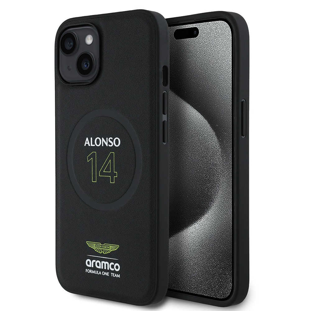 Apple iPhone 14 Kılıf Aston Martin Orjinal Lisanslı M-safe Şarj Özellikli PU Deri Alonso 14 Baskılı Kapak