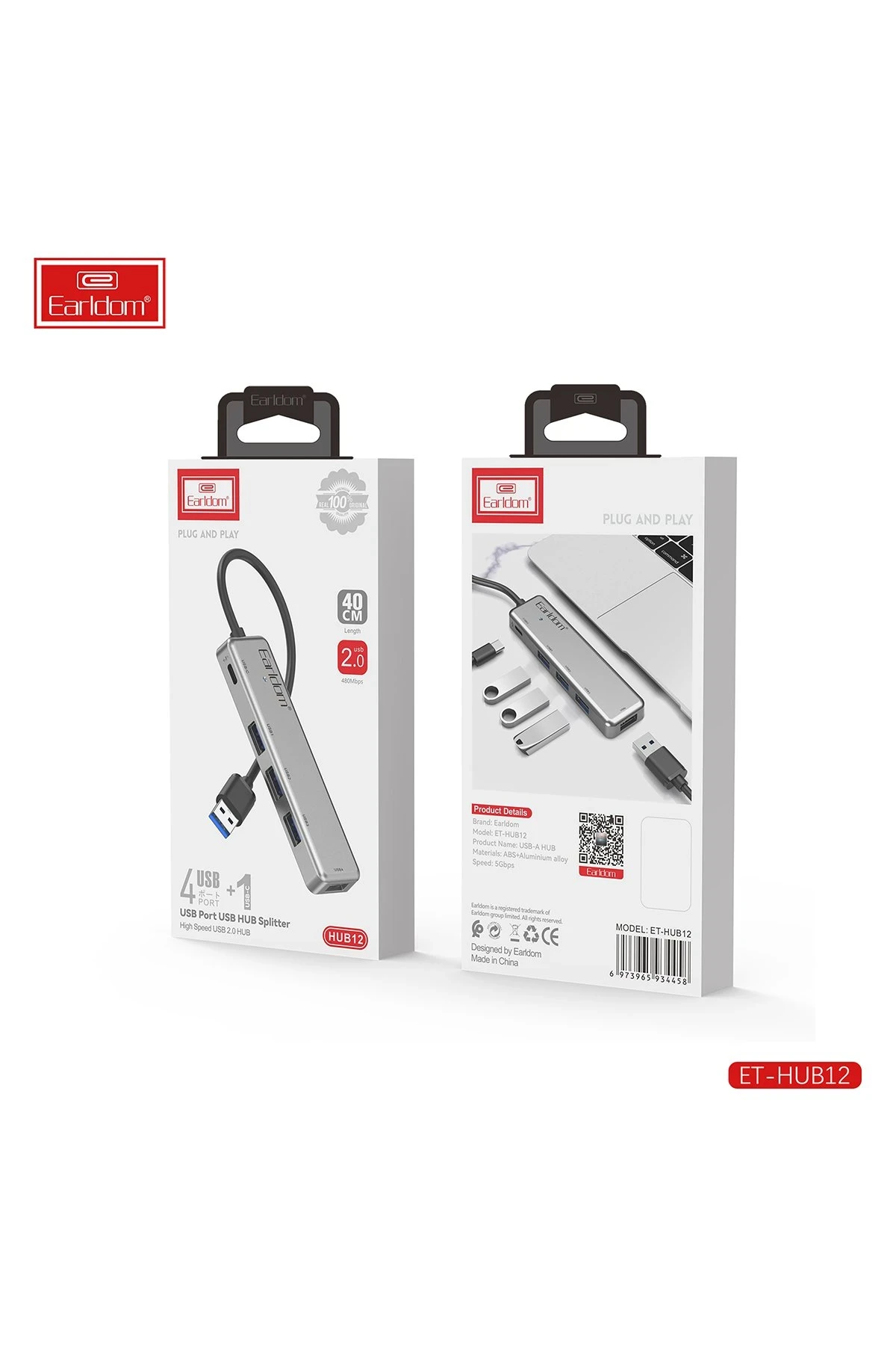 Earldom HUB12 Tak Çalıştır 40cm 4 Adet Usb 2.0 ve 1 Adet Type-C Çıkışlı Usb Çoklayıcı