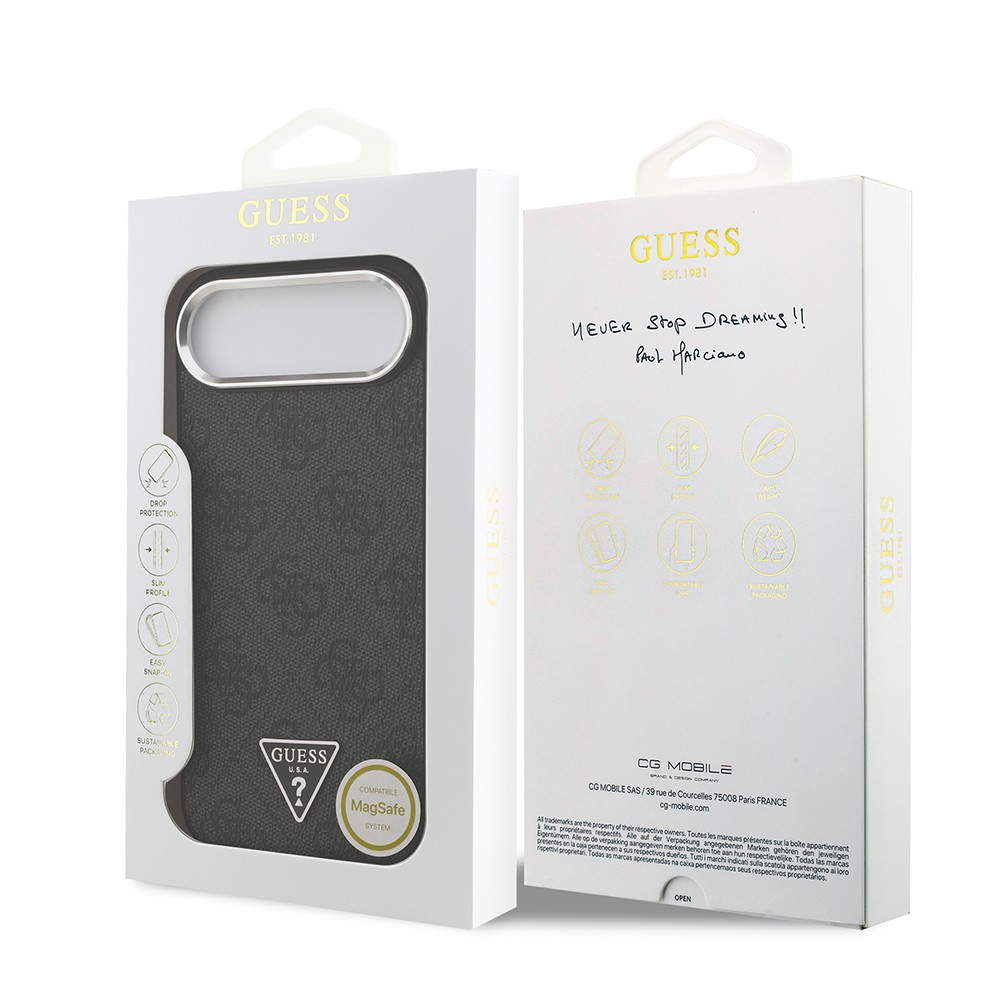 Apple iPhone 17 Air Kılıf Guess Orjinal Lisanslı M-safe Şarj Özellikli Gümüş Metal Kamera Çerçeveli Üçgen Logo 4G Desenli Kapak