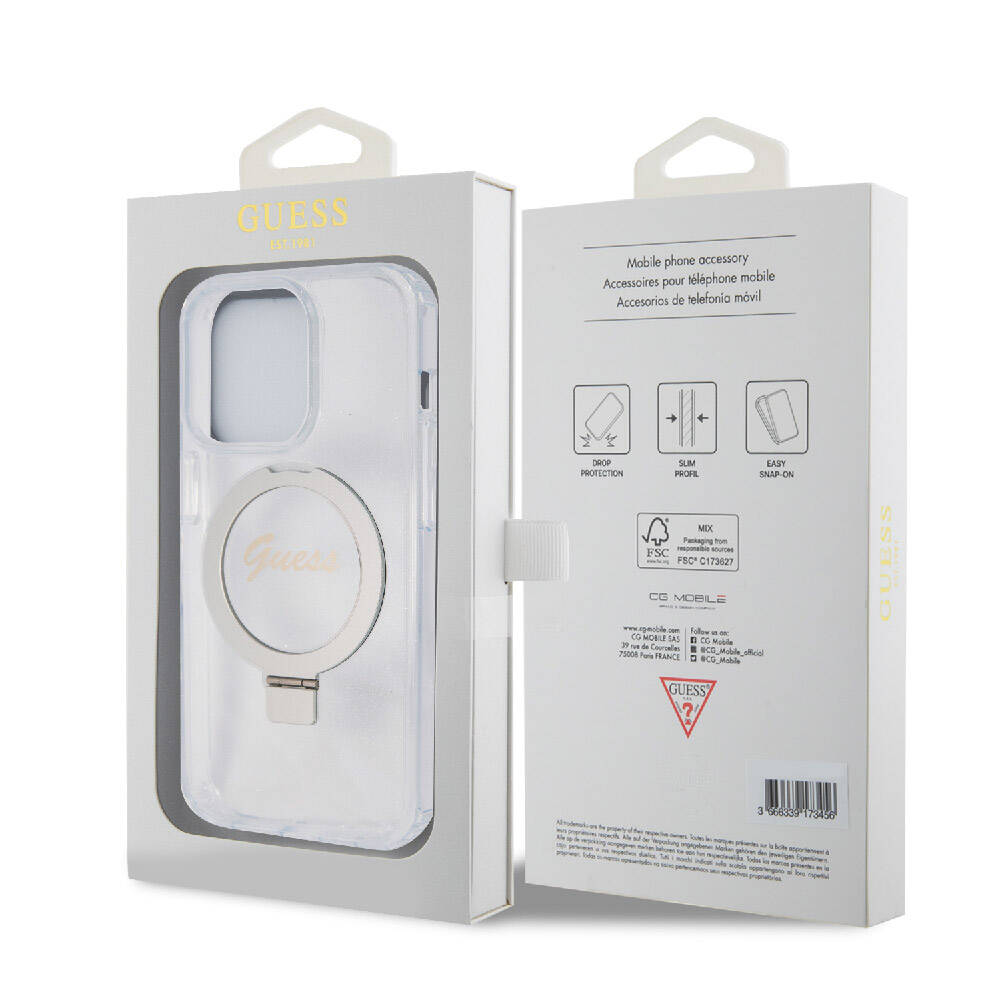 Apple iPhone 15 Pro Max Kılıf Guess Orjinal Lisanslı M-safe Şarj Özellikli Simli Arka Yüzey Ring Standlı Kapak