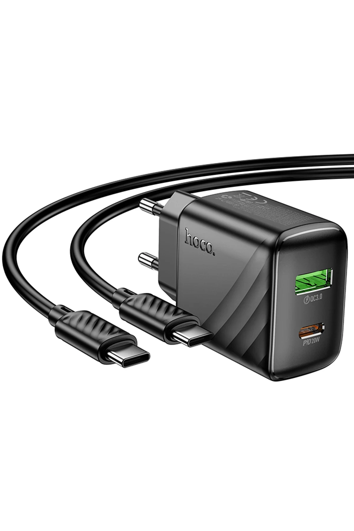 Hoco. CS25A Rico 20W 1 Adet Type-C ve 1 Adet USB 3.0 QC Çıkışlı Ekstra Type-C to Type-C Kablolu PD Hızlı Şarj Aleti