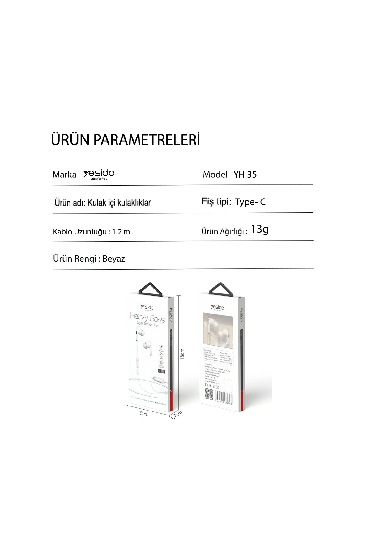 Yesido YH35 1.2M Yüksek Baslı Type-C Kablolu Kulaklık