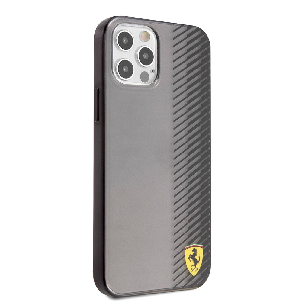 Apple iPhone 12 Pro Max Kılıf Ferrari Orjinal Lisanlı Klasik Metal Logolu Transparan Çizgi Desenli Gradient Kapak
