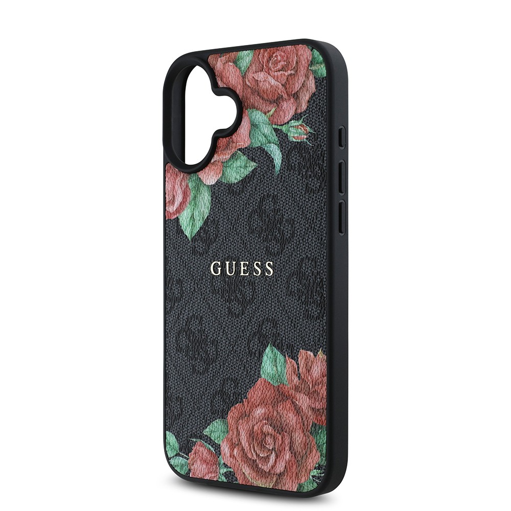 Apple iPhone 16 Plus Kılıf Guess Orjinal Lisanslı M-safe Şarj Özellikli Gül Baskılı 4G Desenli Yazı Logolu Kapak