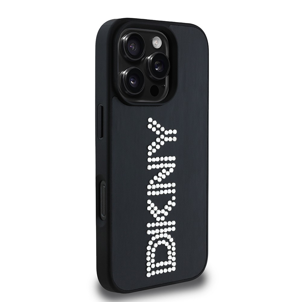 Apple iPhone 16 Pro Max Kılıf DKNY Orjinal Lisanslı Taşlı DKNY Yazılı Metalik Rhinestones PU Deri Kapak