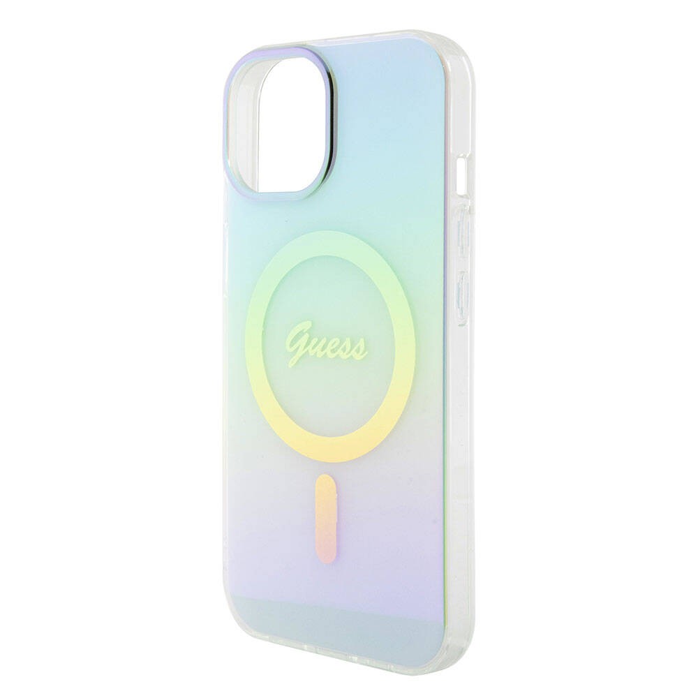 Apple iPhone 15 Kılıf Guess Orjinal Lisanslı M-safe Şarj Özellikli Yazı Logolu Iridescent Kapak