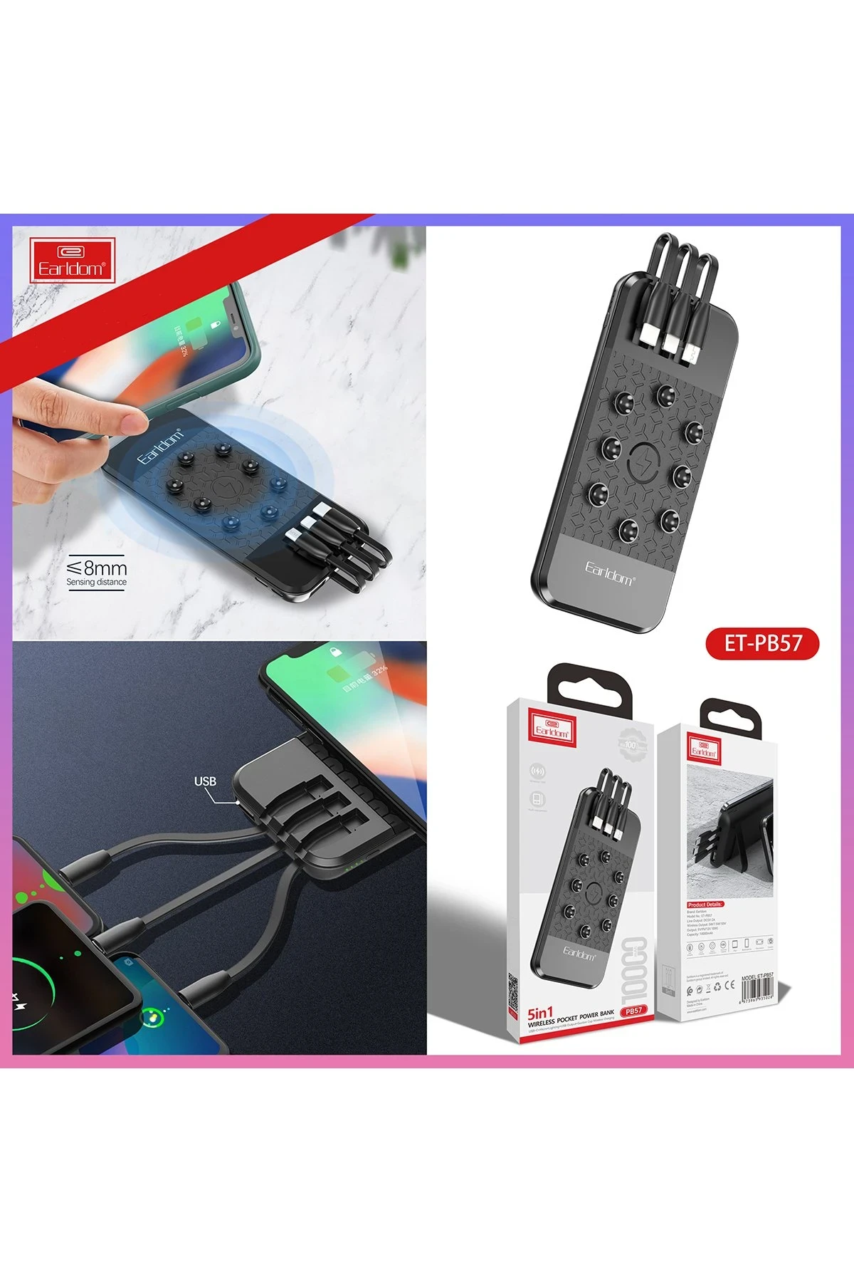 Earldom PB57 10.000 mAh 5in1 Kablosuz Şarjlı PD Hızlı Şarj Powerbank