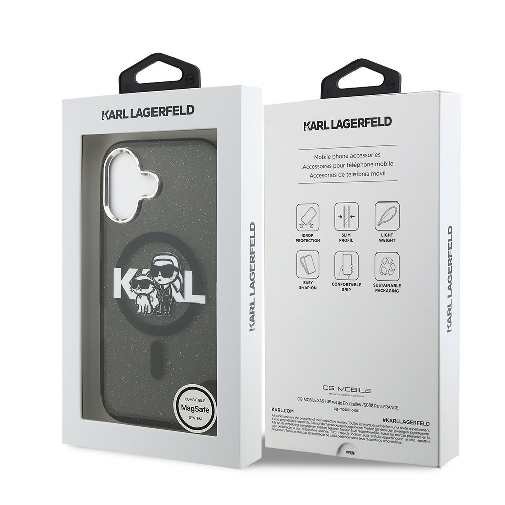 Apple iPhone 17 Kılıf Karl Lagerfeld Orjinal Lisanslı Parlayan Simli Karl & Choupette Sketch Logo Kapak