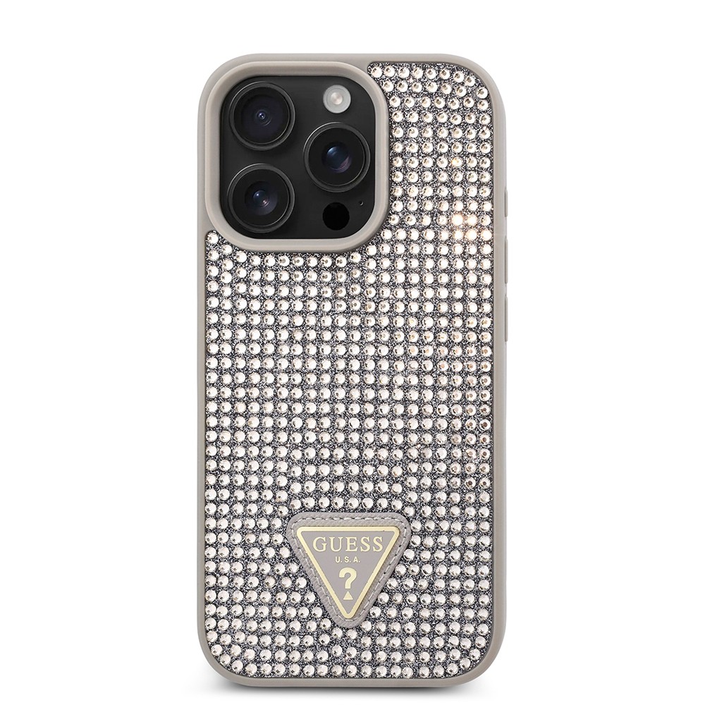 Apple iPhone 16 Pro Max Kılıf Guess Orjinal Lisanslı Taşlı Arka Yüzey Üçgen Logolu Kapak