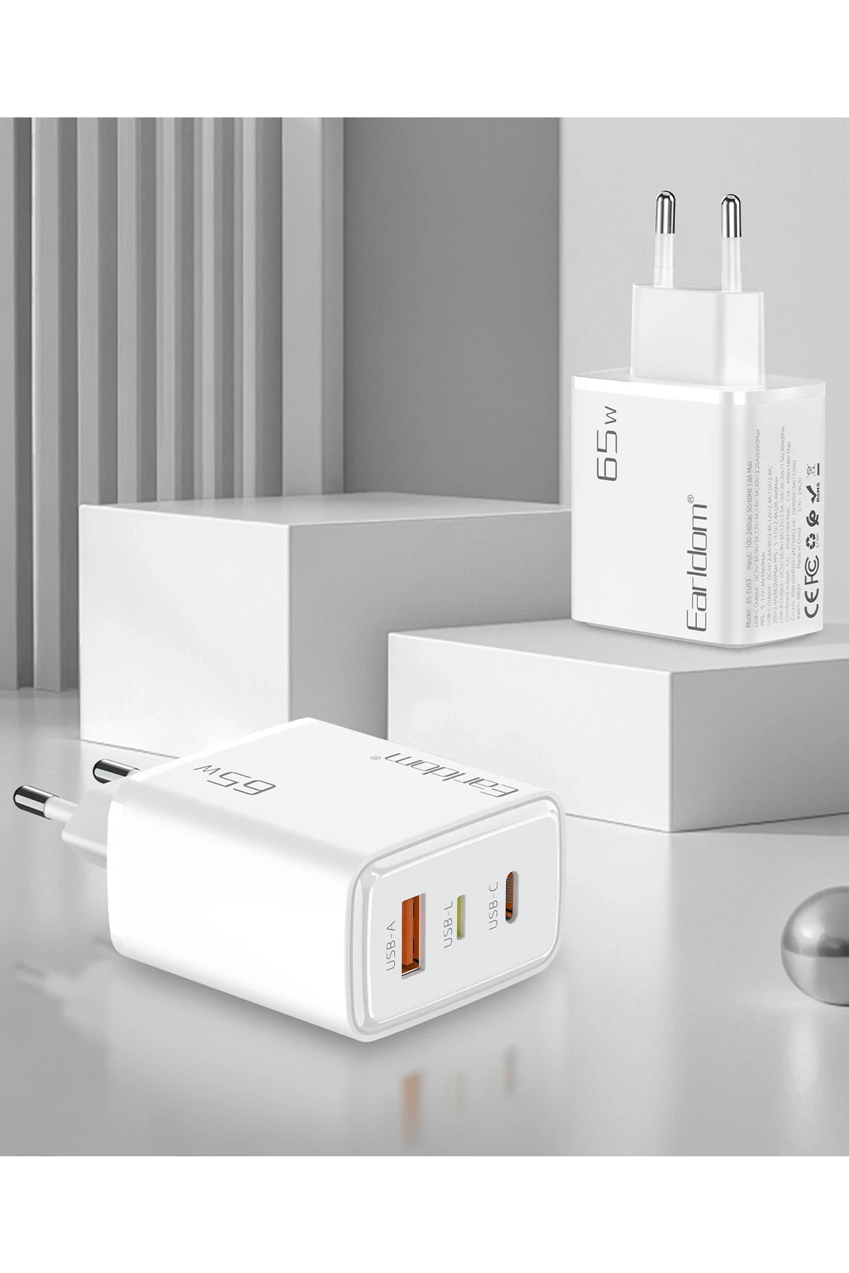 Earldom EU53 Type-C Lightning ve USB Çıkışlı 65W PD Hızlı Şarj Aleti