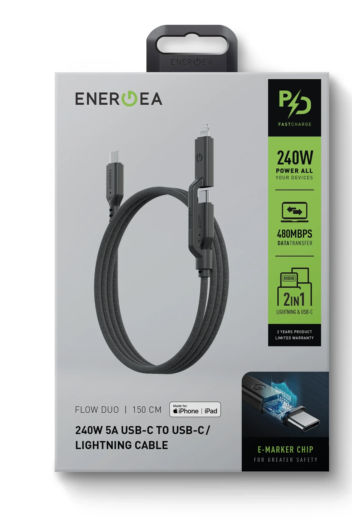 Energea Flow Duo 2in1 1.5M 240W Type-C to Type-C ve Lightning PD Hızlı Şarj Kablo