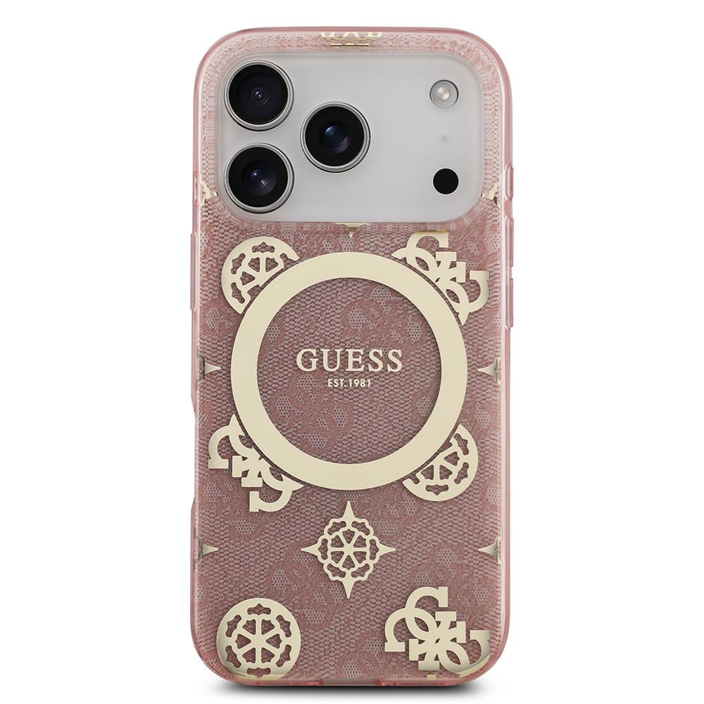 Apple iPhone 17 Pro Kılıf Guess Orjinal Lisanslı M-safe Şarj Özellikli IML Peony ve 4G Desenli Klasik Logolu Kapak