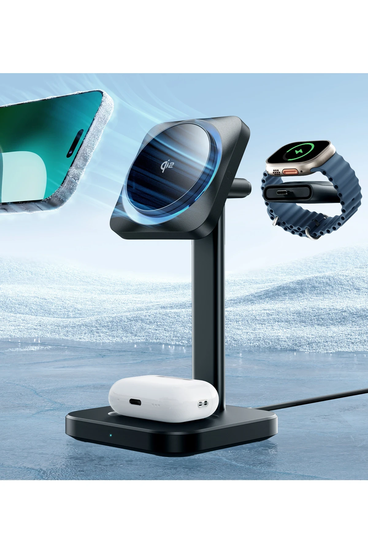 ESR Qi2 CryoBoost 3in1 Telefon, Saat ve Airpods İçin Magsafe Destekli Masaüstü Şarj Seti
