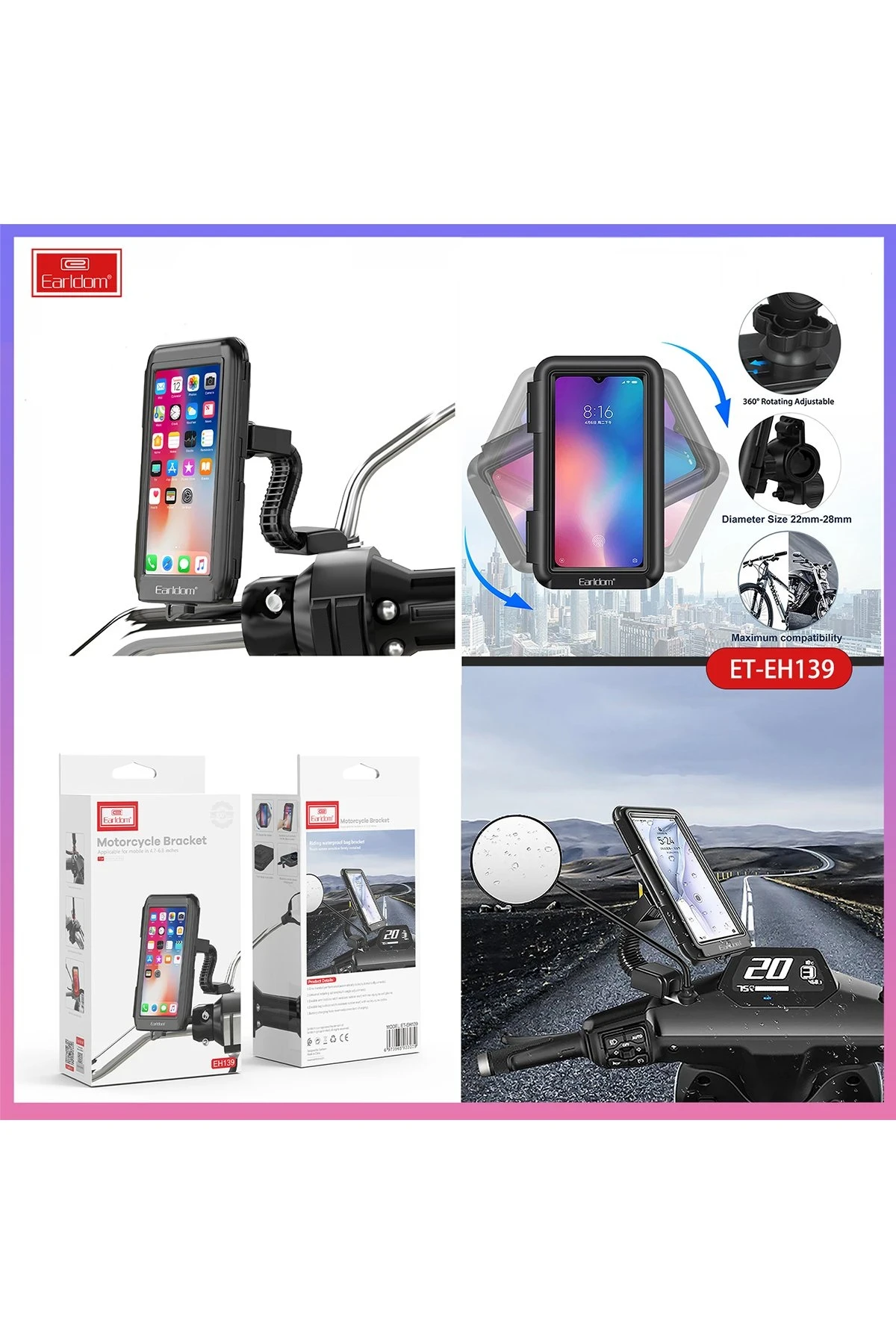 Earldom EH139 Motosiklet İçin Su Geçirmez Ayarlanabilir Telefon Tutucu