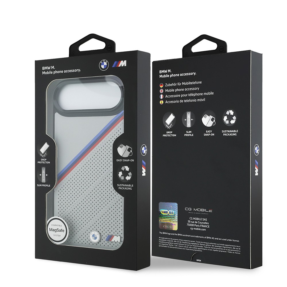 Apple iPhone 17 Air Kılıf BMW Orjinal Lisanslı M-safe Şarj Özellikli M Logolu Üç Şeritli Delikli Deri Kapak