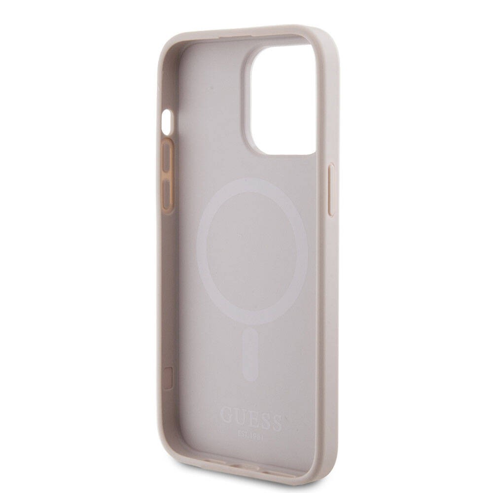 Apple iPhone 15 Pro Max Kılıf Guess Orjinal Lisanslı M-safe Şarj Özellikli Yazı Logolu Saffiano Kapak