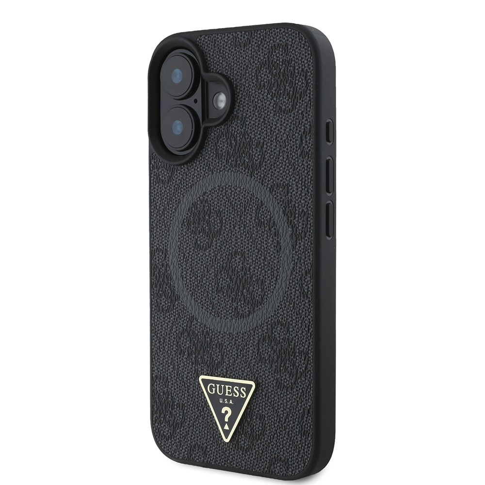 Apple iPhone 16 Kılıf Guess Orjinal Lisanslı M-safe Şarj Özellikli PU Üçgen Logo 4G Desenli Kapak