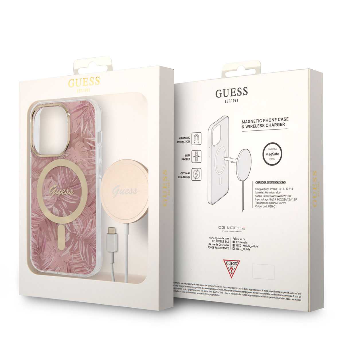 Apple iPhone 14 Pro Max Kılıf GUESS M-safe Şarj Özellikli Yaprak Desenli M-safe Şarj Kablolu Kapak