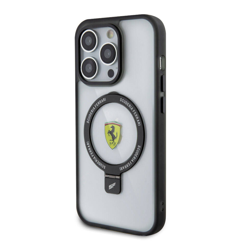 Apple iPhone 15 Pro Kılıf Ferrari M-safe Şarj Özellikli Standlı Buzlu Yüzey Dizayn Kapak
