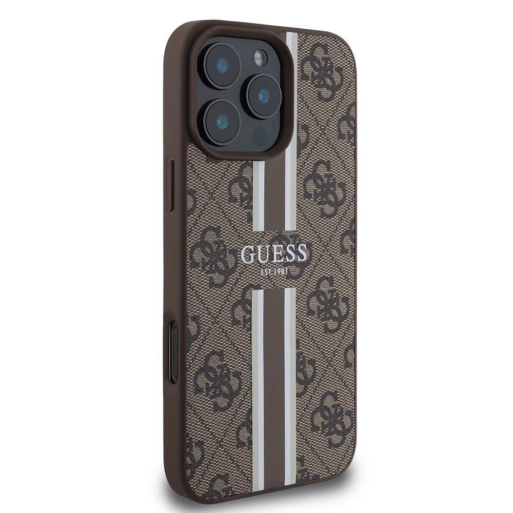 Apple iPhone 16 Pro Kılıf Guess Orjinal Lisanslı M-safe Şarj Özellikli 4G Şerit Tasarımlı Printed Kapak